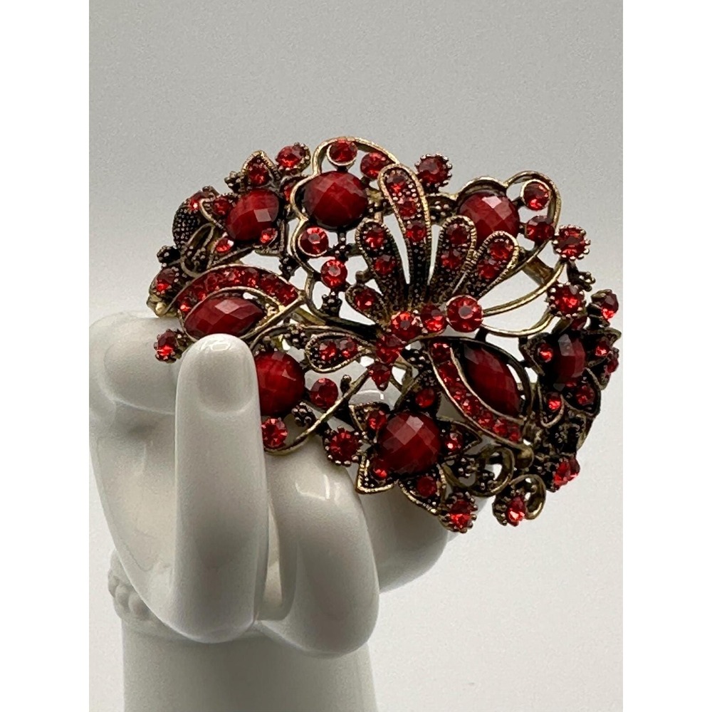 Vintage Hinged Cuff Bracelet Red Dragonfly Embellished Rhinestone Gold Tone Cuff